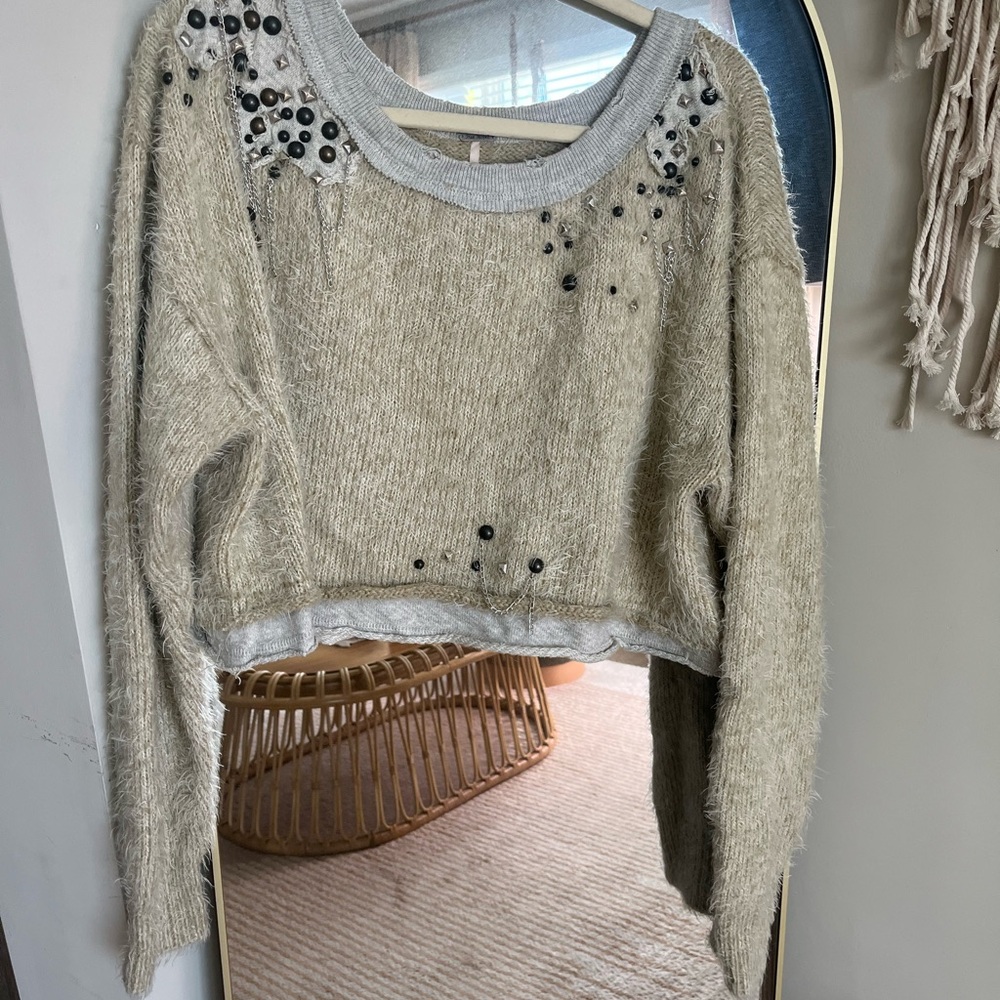 Free People Glam Embellished Beige Sweater Medium